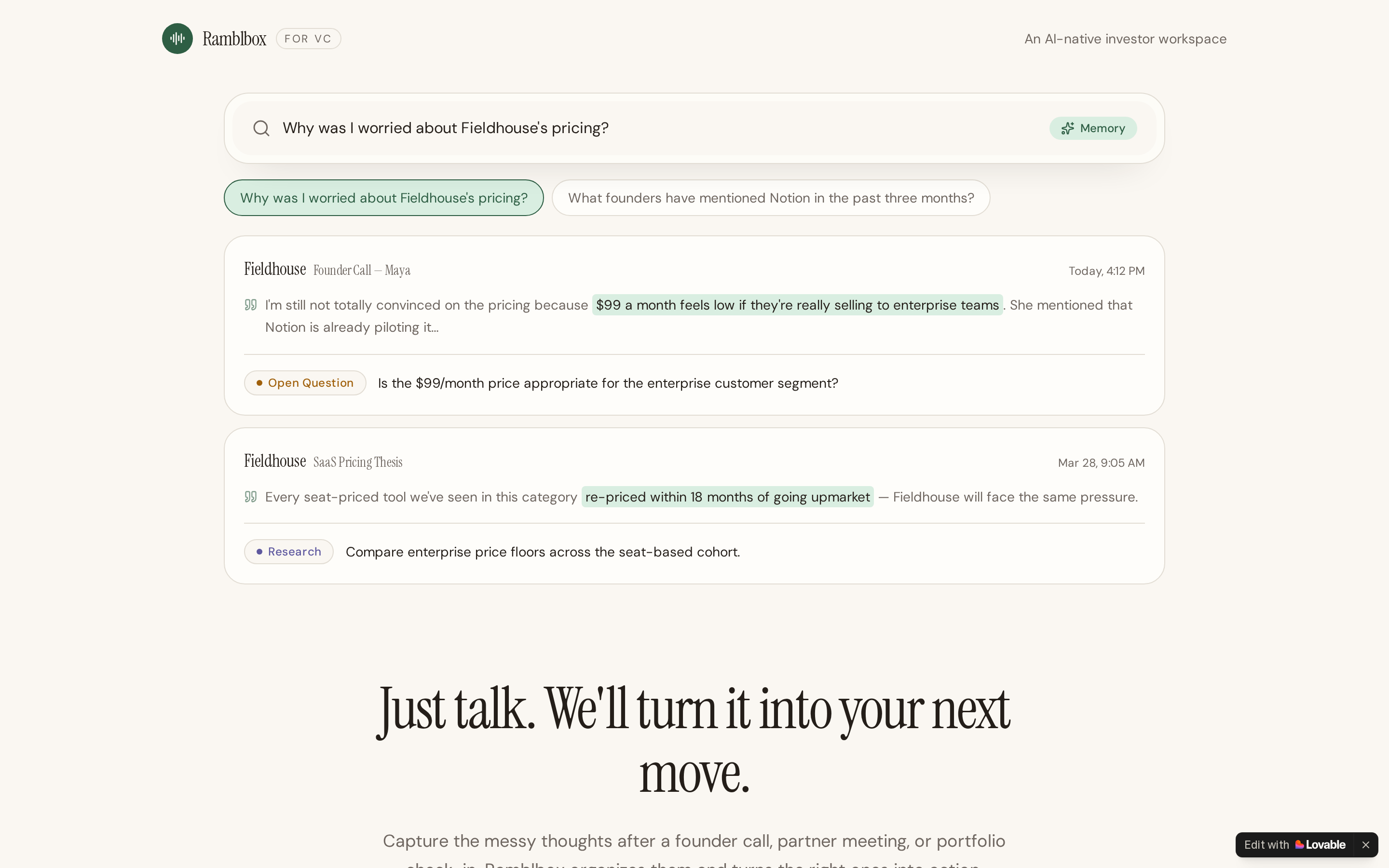 Ramblbox turning a founder-call voice memo into open questions and research tasks