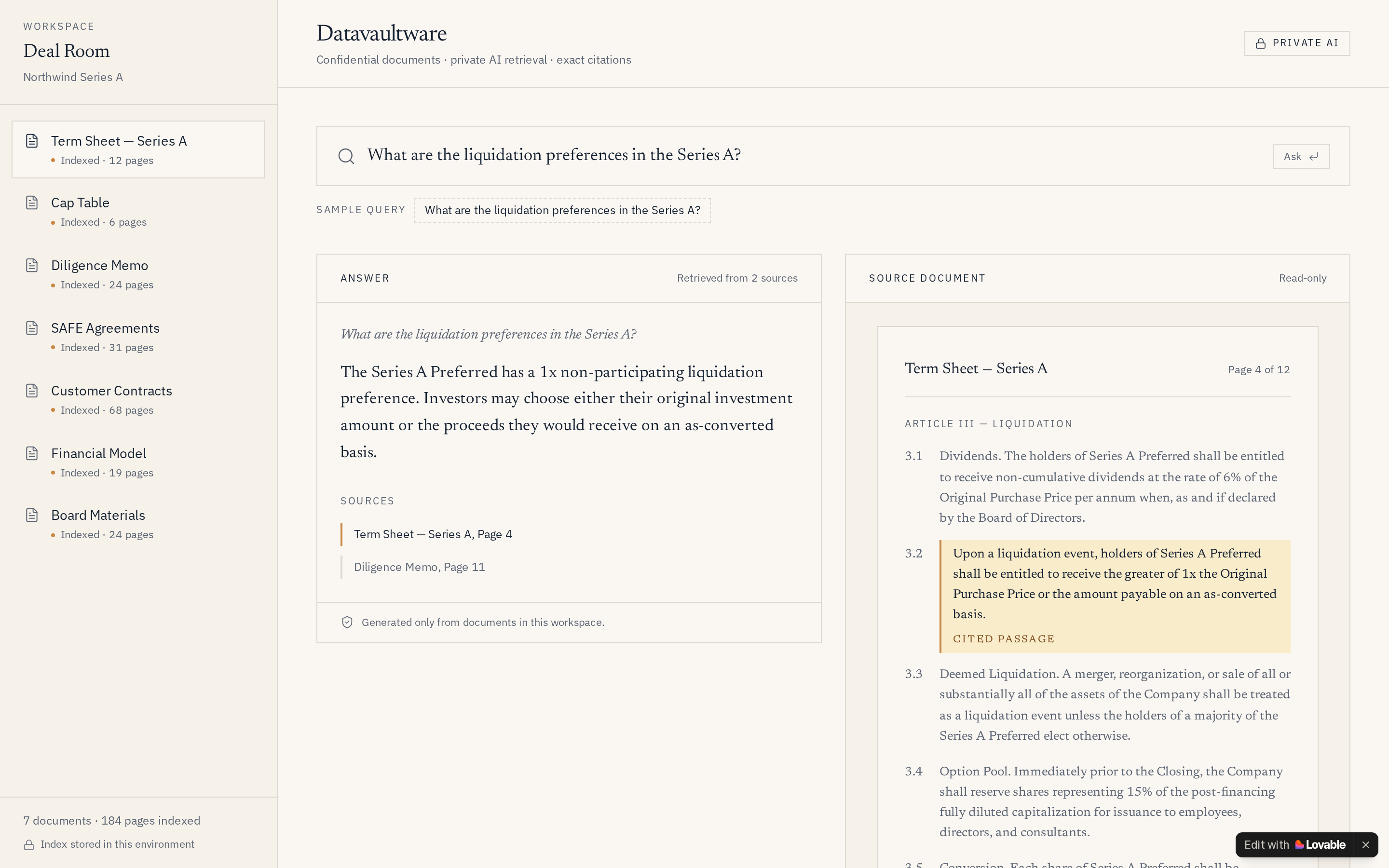 Datavaultware answering a deal-room question with cited term sheet pages